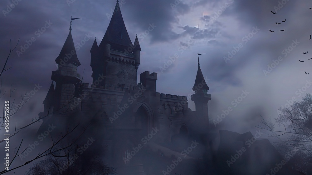 A spooky Halloween castle stands majestically in the background. The castle has tall, dark towers that reach towards the sky A spooky Halloween castle stands majestically in the background. The castle has tall, dark towers that reach towards the sky