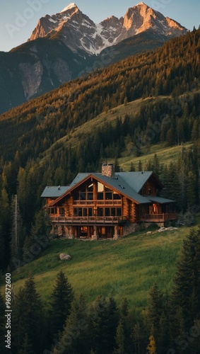 Cozy mountain house nestled among trees with scenic peaks towering in the background.