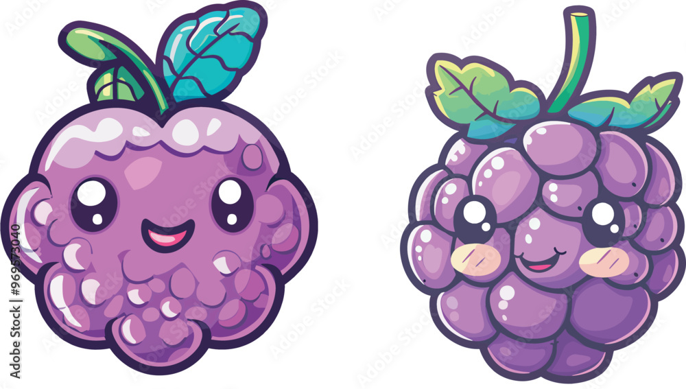 Cute Kawaii Smiling Cartoon Blackberry and Grape Character Illustration Icon Logo Vector Design Isolated Object Fruits Berry Healthy Food Vitamins Antioxidants Sweet Juicy Mascot Purple Green Leaf Cute Kawaii Smiling Cartoon Blackberry and Grape Character Illustration Icon Logo Vector Design Isolated Object Fruits Berry Healthy Food Vitamins Antioxidants Sweet Juicy Mascot Purple Green Leaf