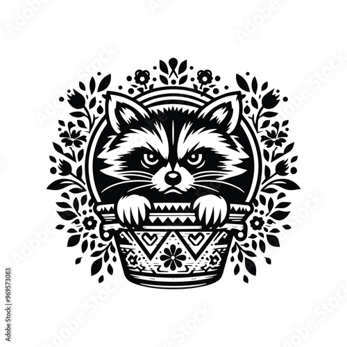 Raccoon in folk art black and white silhouette illustration -