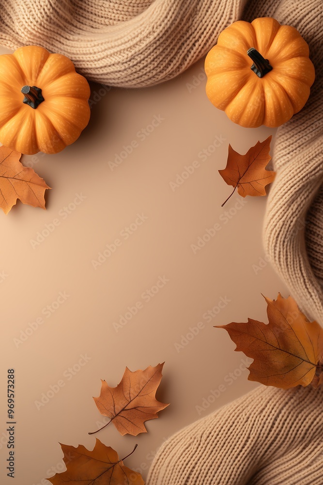 Autumn pumpkin and cozy scarf flat lay with fall leaves Autumn pumpkin and cozy scarf flat lay with fall leaves