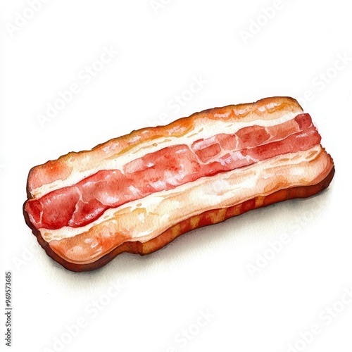 Isolated watercolor bacon slice, painted style, food illustration art, minimalist background, warm earthy tones, soft gradients, white surroundings