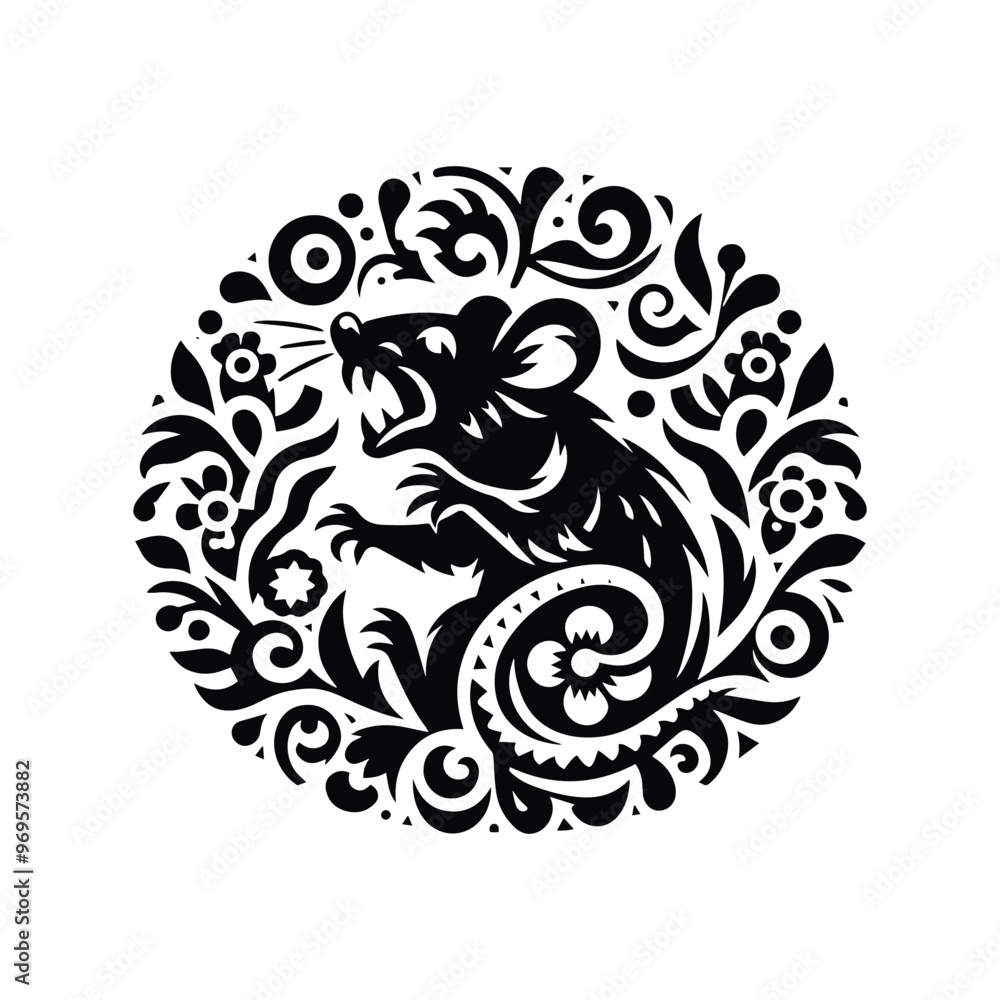 rat in folk art black and white silhouette illustration - rat in folk art black and white silhouette illustration -