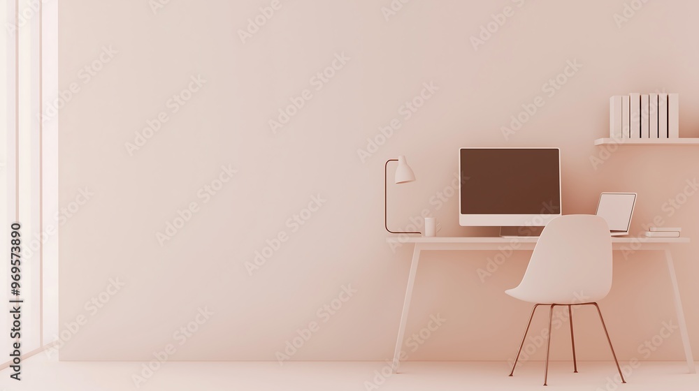 Minimalist desk with computer in soft pastel peach tones Minimalist desk with computer in soft pastel peach tones
