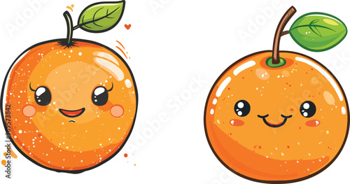 Two cute cartoon oranges with kawaii faces fresh fruit illustration vitamin c healthy eating vegan food sticker design happy characters orange juice mascot design elements isolated