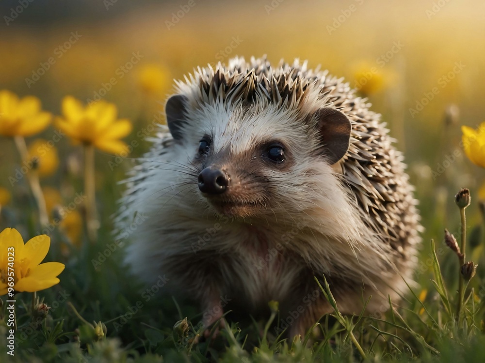 Cute hedgehog standing in a meadow filled with yellow flowers. Cute hedgehog standing in a meadow filled with yellow flowers.