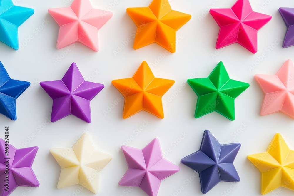 Obraz premium Colorful 3D Star Pattern on White Background: Vibrant Pastel Plastic Shapes for Creative Design and Decoration