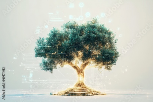 A futuristic tree symbolizing growth and technology, merging nature with digital connections in a serene environment.