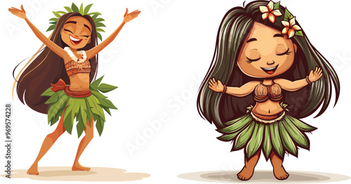 Two Happy Hawaiian Girls Dancing Hula Dance in Traditional Floral Costumes with Tropical Flowers and Palm Leaves Cartoon Style Vector Illustration Isolated on White Background