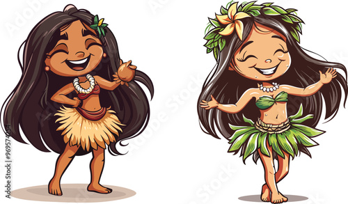 Two happy hula girls dancing traditional hawaiian dance with flower necklace and grass skirt cartoon illustration isolated on white background for summer vacation travel or luau party design