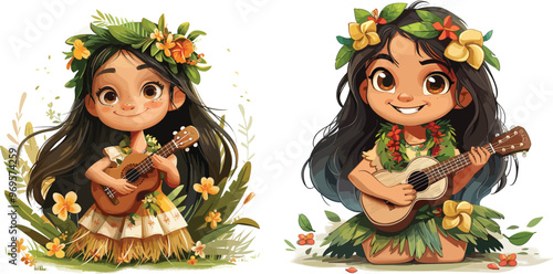 Two cute Hawaiian girls with ukulele guitar music flowers tropical traditional costume floral summer illustration island vacation Polynesian culture Hawaii travel lei aloha exotic luau