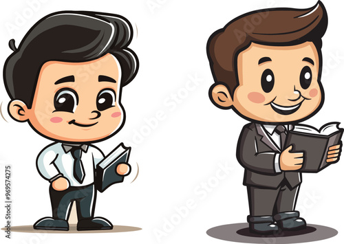 Two Cute Cartoon Businessmen One Holding Book Happy Smiling Professional Attire White Shirt Black Tie Black Pants Businessman Illustration Concept Idea Finance Corporate