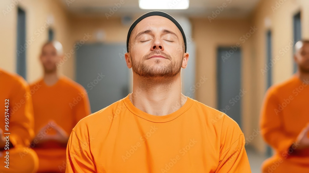 Fototapeta premium A man in an orange outfit practices meditation, finding inner peace in a serene environment with others in the background.