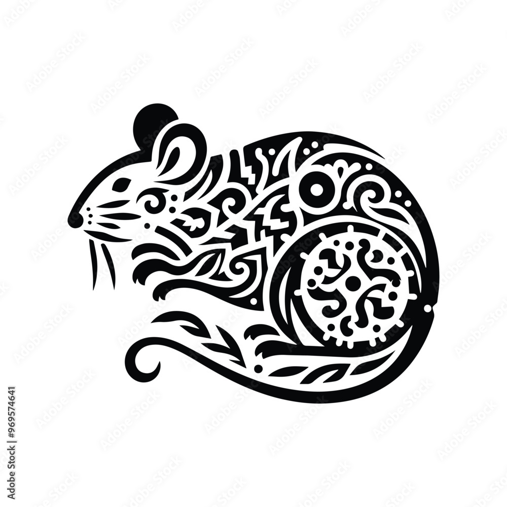 rat in folk art black and white silhouette illustration - rat in folk art black and white silhouette illustration -