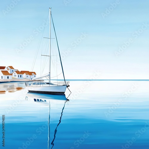 Sailboat anchored near a coastal village, calm water, watercolor style