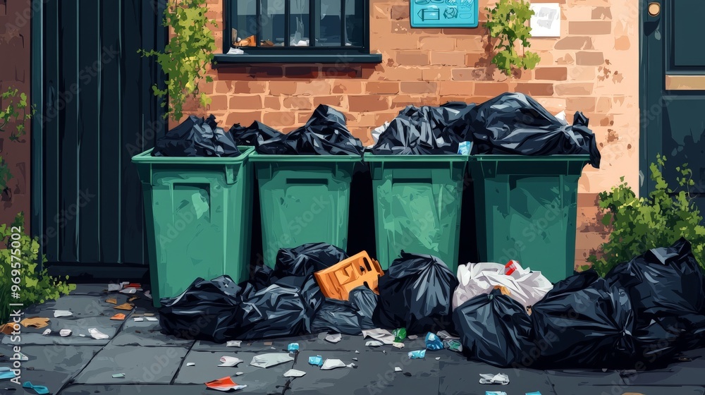 Full garbage bin and black plastic trash bags around. Overflowing recycling container with trash. Full garbage bin and black plastic trash bags around. Overflowing recycling container with trash.