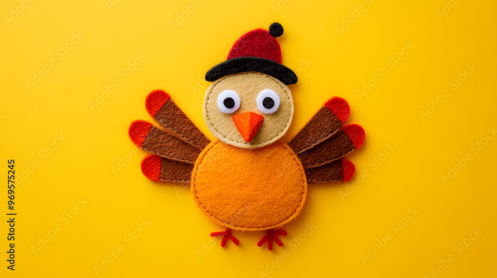 Playful felt turkey craft with pilgrim hat on a yellow background. Whimsical Thanksgiving design with space for text. Playful felt turkey craft with pilgrim hat on a yellow background. Whimsical Thanksgiving design with space for text.