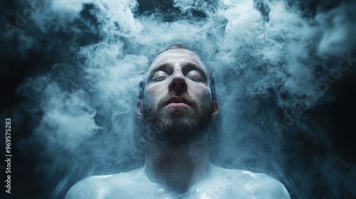 A man experiences a cryotherapy session inside a cryochamber, with mist swirling around him. His expression reflects tranquility as he relaxes in the cold atmosphere photo