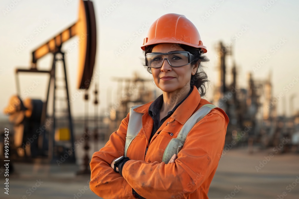 Confident female engineer wearing orange workwear standing with arms crossed at oil well site Confident female engineer wearing orange workwear standing with arms crossed at oil well site
