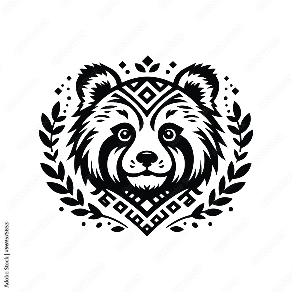 red panda in folk art black and white silhouette illustration - red panda in folk art black and white silhouette illustration -