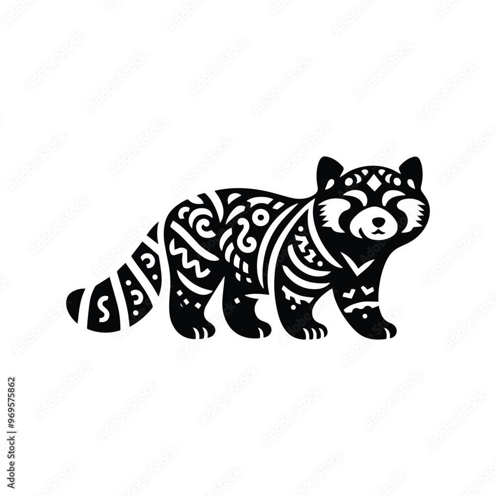 Fototapeta premium red panda in folk art black and white silhouette illustration -