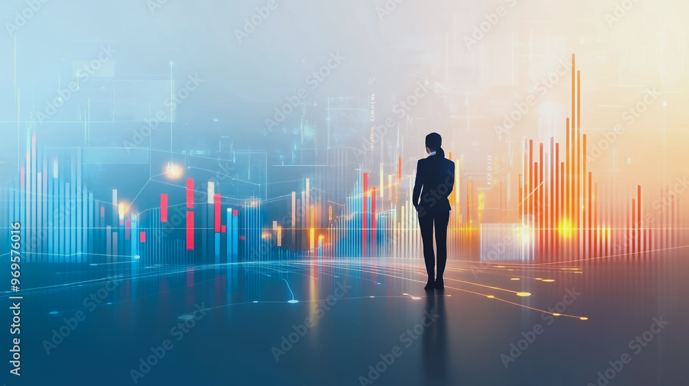 Abstract business woman stands on the peak of success amid tall, innovative Smart city and graphs with statistics to analyze business potential and predict future developments in company growth. Abstract business woman stands on the peak of success amid tall, innovative Smart city and graphs with statistics to analyze business potential and predict future developments in company growth.