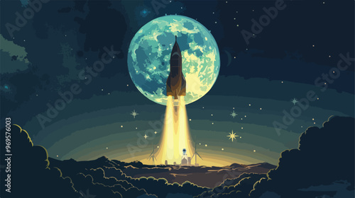 Spaceship Rocket Object Over the Moon Light Vector Illustration