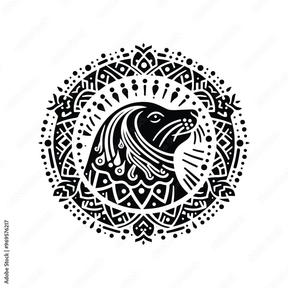 Fototapeta premium Seal in bohemian black and white silhouette illustration -
