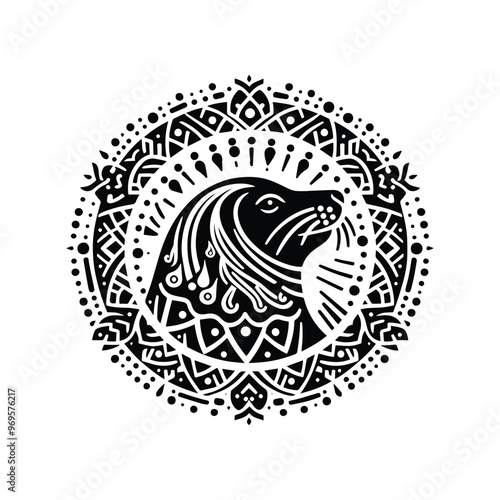 Seal in bohemian black and white silhouette illustration -