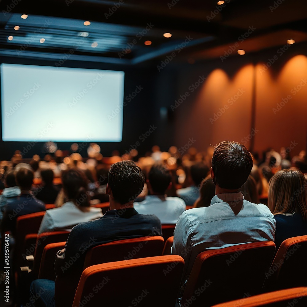 Rear view of diverse audience seated in a modern conference hall, focused on the speaker presenting on stage Rear view of diverse audience seated in a modern conference hall, focused on the speaker presenting on stage