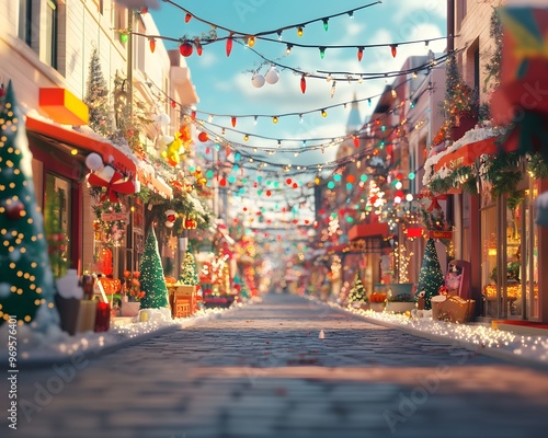 Charming winter street adorned with colorful lights and festive decor, creating a magical holiday atmosphere for joyous celebrations.