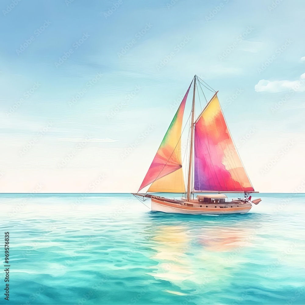 Fototapeta premium Sailboat with colorful sails, tropical ocean, clear sky, watercolor style