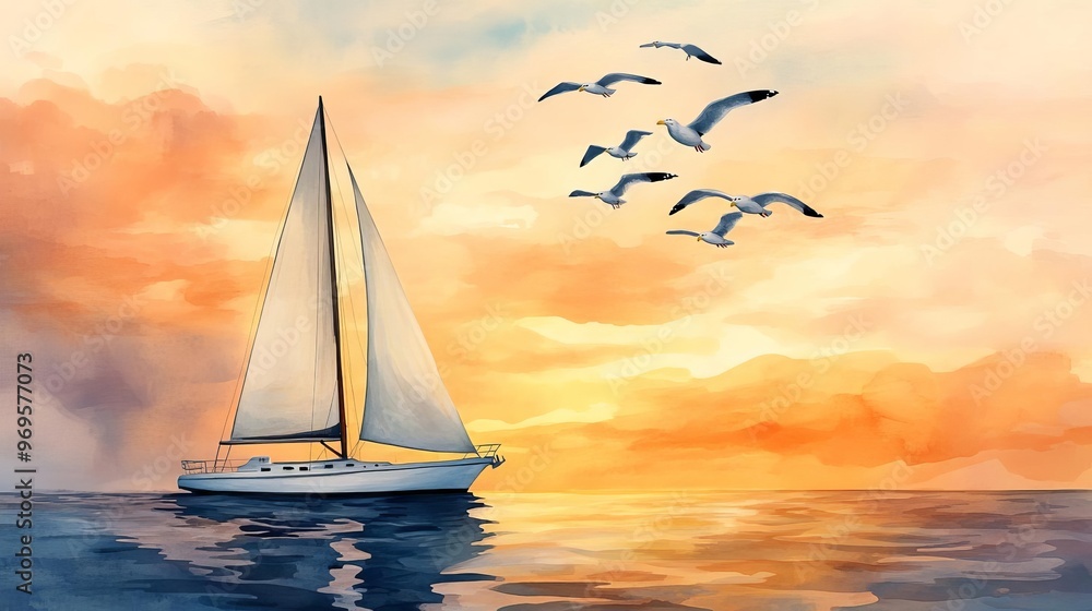 Fototapeta premium Sailboat with seagulls flying overhead, golden hour light, watercolor style