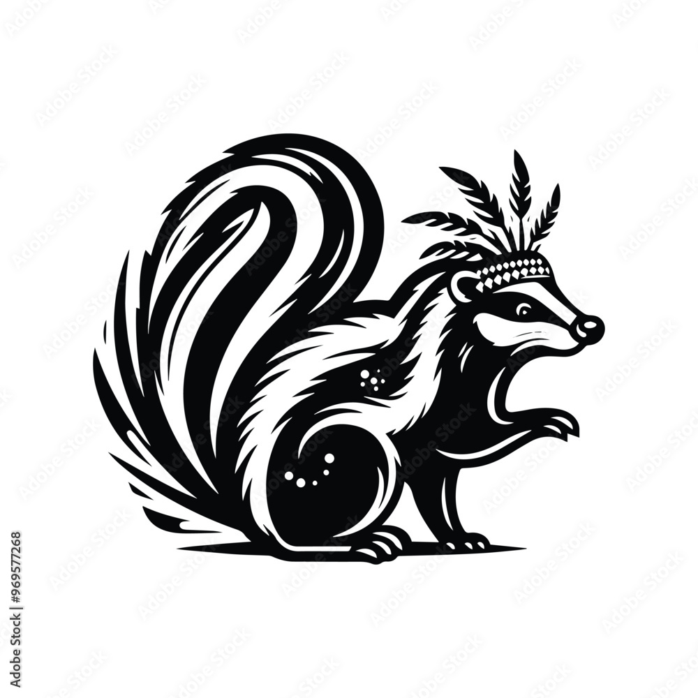 Skunk in bohemian black and white silhouette illustration - Skunk in bohemian black and white silhouette illustration -