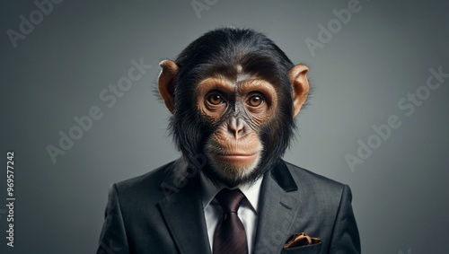 Surreal primate portrait in business attire with copy space for text.