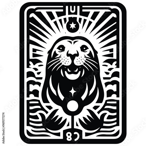 Sealion in Tarot card black and white silhouette illustration -