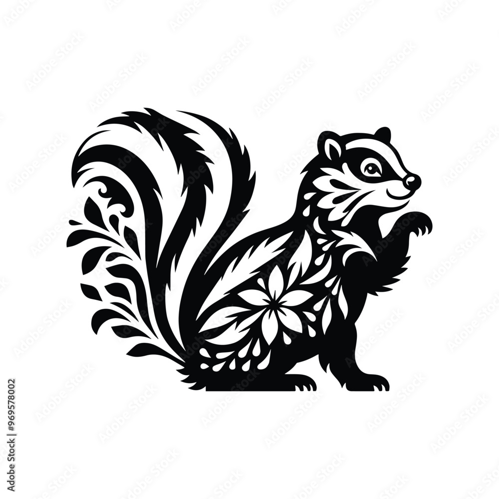 Skunk in folk art black and white silhouette illustration - Skunk in folk art black and white silhouette illustration -