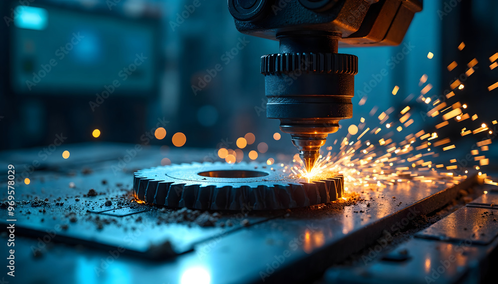 custom made wallpaper toronto digitalClose-up of a CNC machine cutting a gear, emitting sparks, showcasing advanced manufacturing techniques in a dynamic industrial environment.