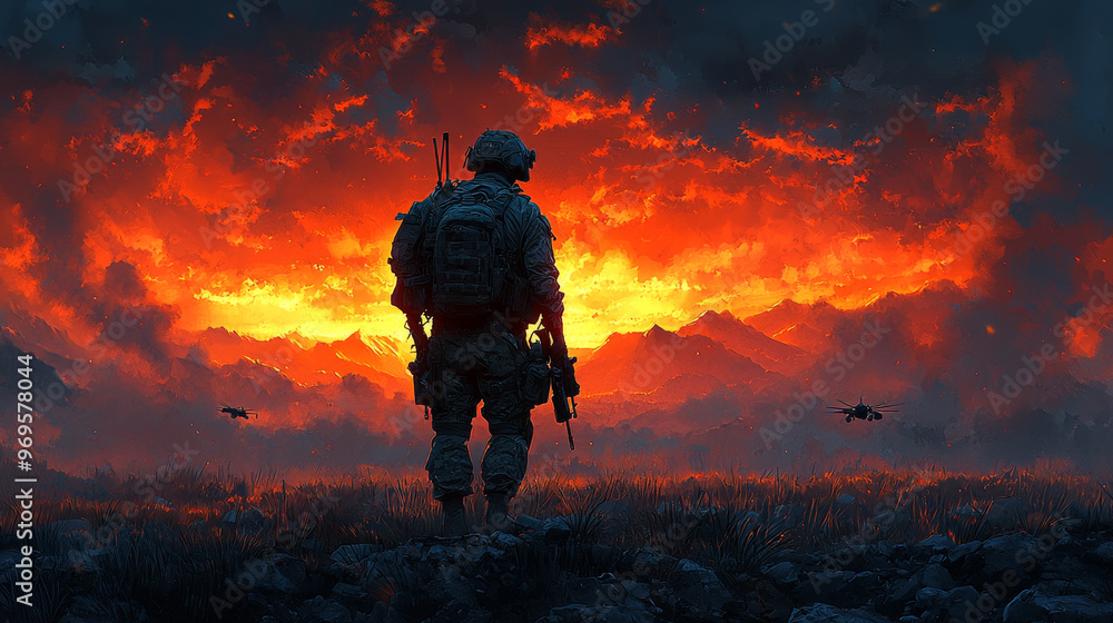 Silhouette of a soldier against a fiery sky. Silhouette of a soldier against a fiery sky.