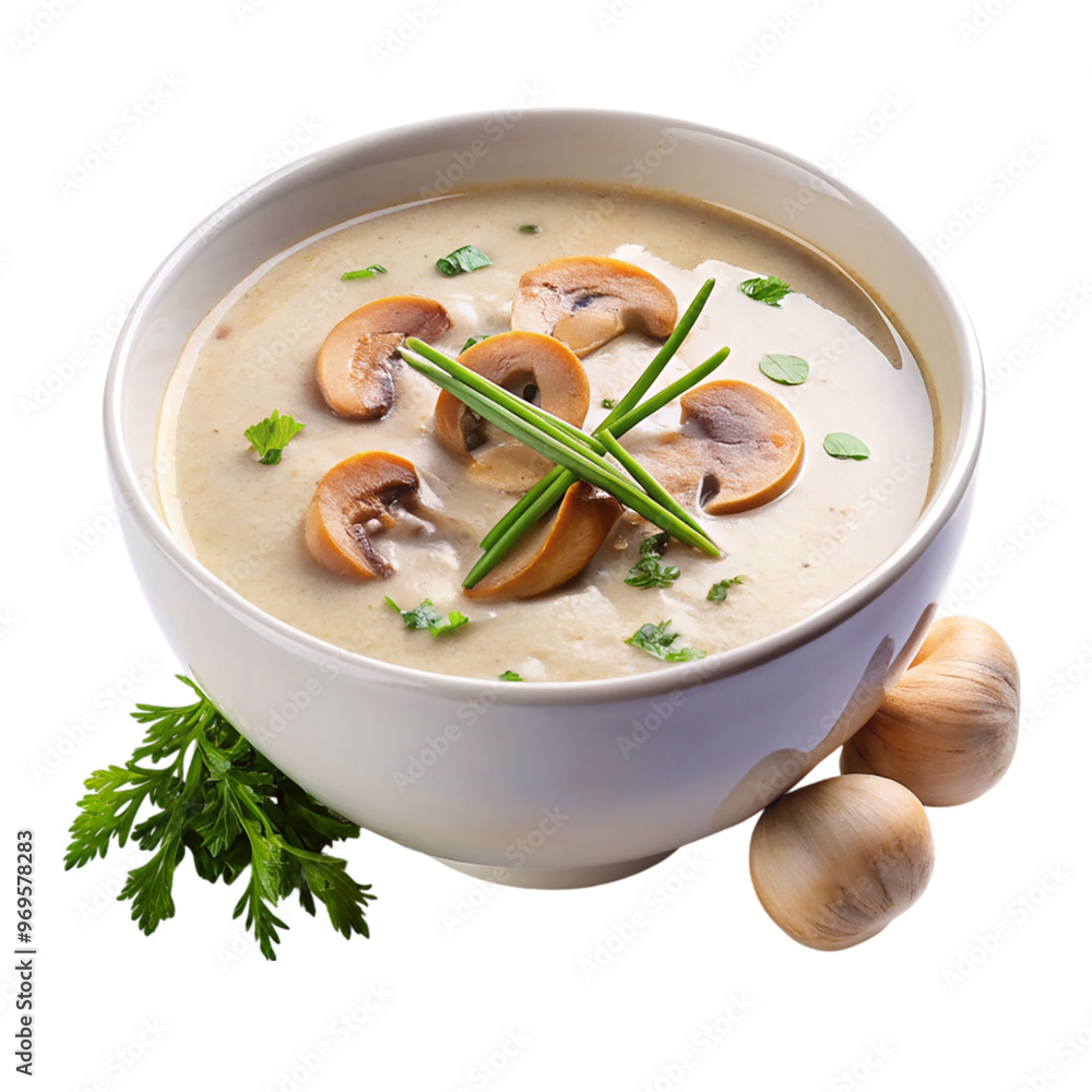 A bowl of creamy mushroom soup isolated on transparent background. A bowl of creamy mushroom soup isolated on transparent background.