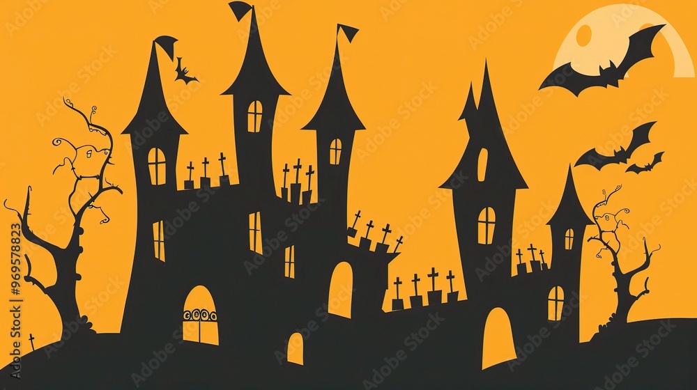 A spooky Halloween castle stands majestically in the background. The castle has tall, dark towers that reach towards the sky A spooky Halloween castle stands majestically in the background. The castle has tall, dark towers that reach towards the sky