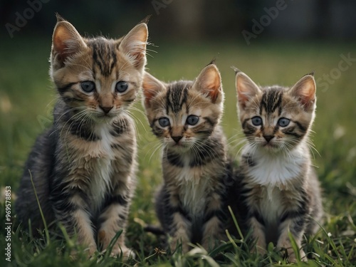 Three kittens with sad faces playfully interacting in a heartwarming scene