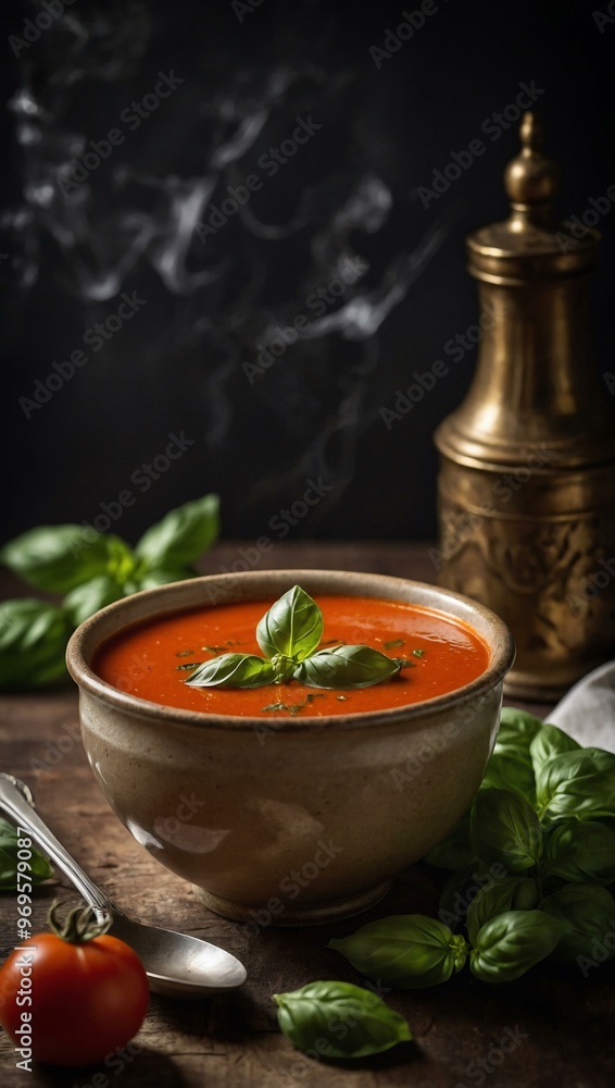 Tomato soup garnished with fresh basil leaves, warm and inviting. Tomato soup garnished with fresh basil leaves, warm and inviting.