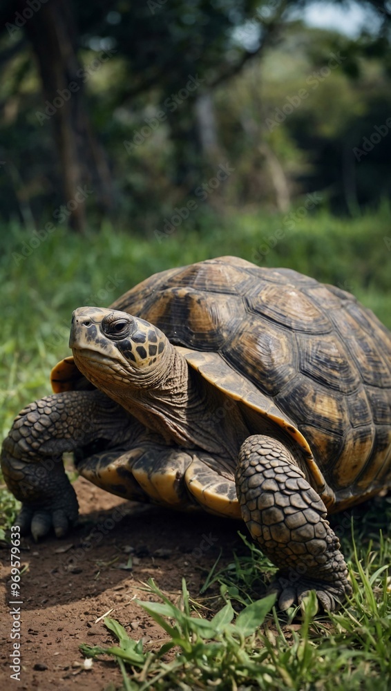 Tortoise on the ground, showcasing its large size and reptilian features. Tortoise on the ground, showcasing its large size and reptilian features.