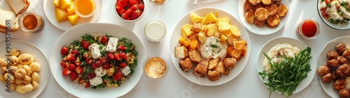 Brunch Delight, a vibrant full-body portrait showcasing an inviting table laden with exquisite dishes, fresh fruits, and beverages, all set against a clean white backdrop.