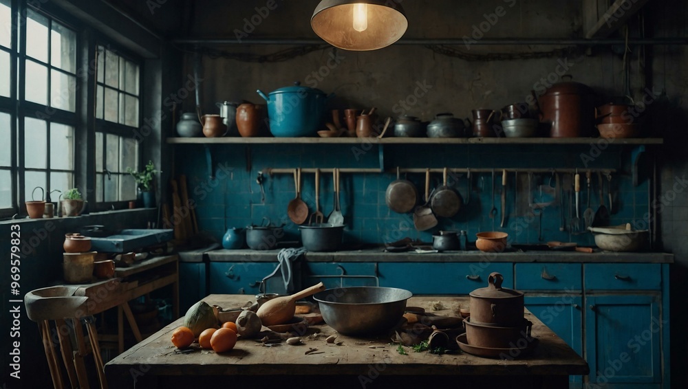 Traditional kitchen tools in a dystopian cityscape. Traditional kitchen tools in a dystopian cityscape.