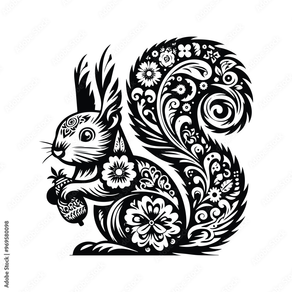 Squirrel in folk art black and white silhouette illustration - Squirrel in folk art black and white silhouette illustration -