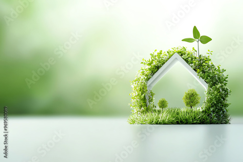 A modern, eco-friendly house concept surrounded by lush greenery, symbolizing sustainability and harmony with nature.