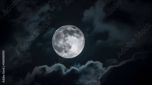 A full moon shines brightly in a dark sky with clouds.