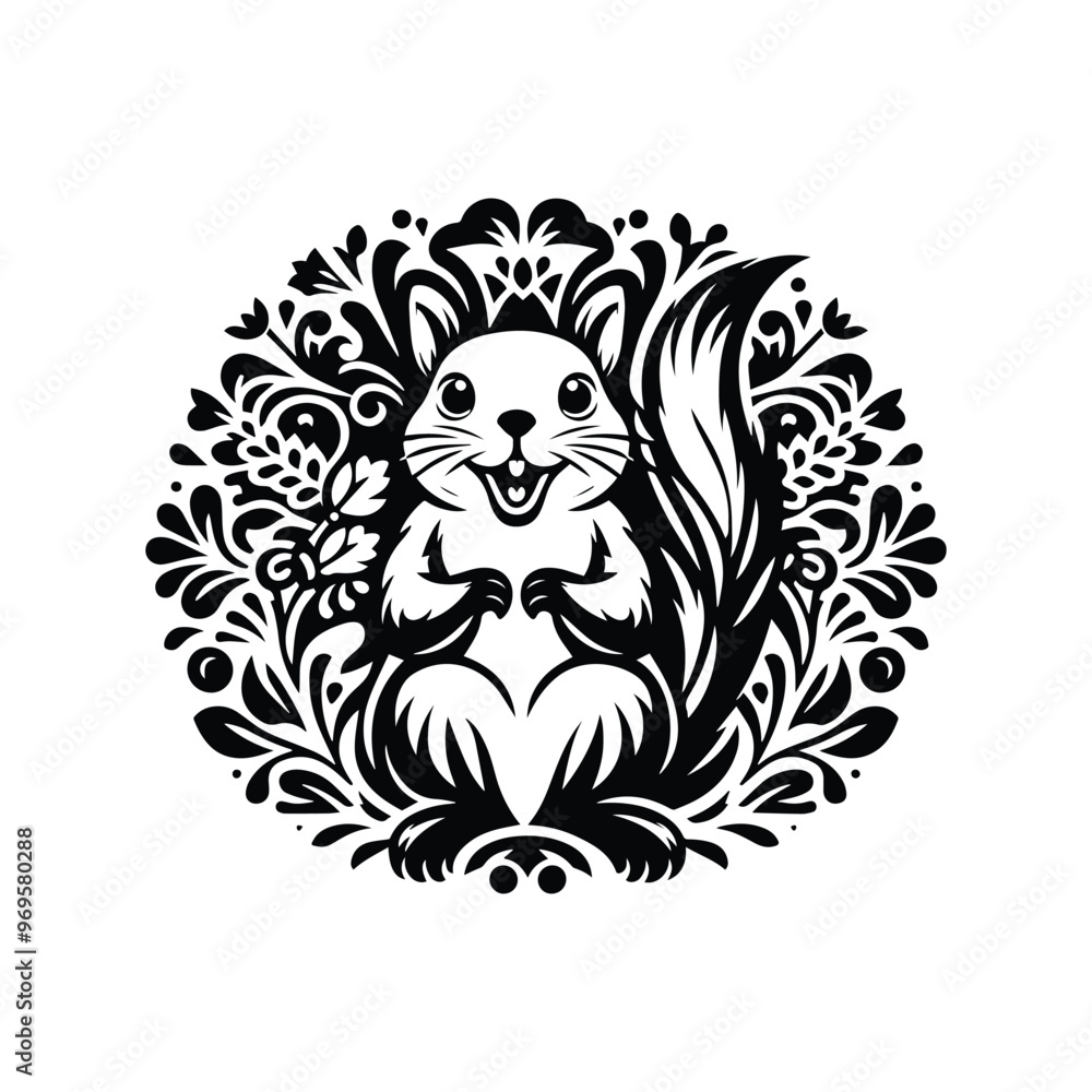 Squirrel in folk art black and white silhouette illustration - Squirrel in folk art black and white silhouette illustration -